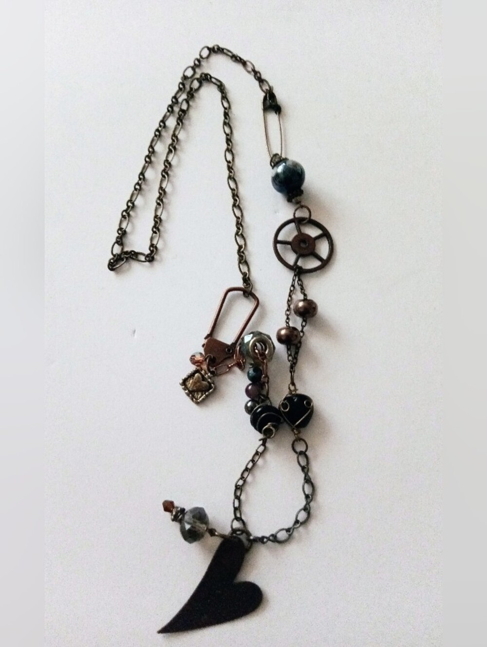 Steampunk Handmade Necklace With Mixed Metals Gears And Beads Heart W/Word "Joy"